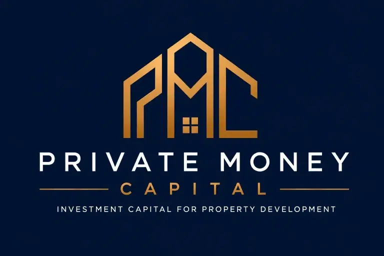 Gold house-shaped PMC logo with text "PRIVATE MONEY CAPITAL" on a dark background.